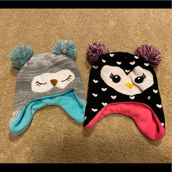 Unbranded Other - 2 Toddler Girl Winter Beanies Hats Owl Penguin